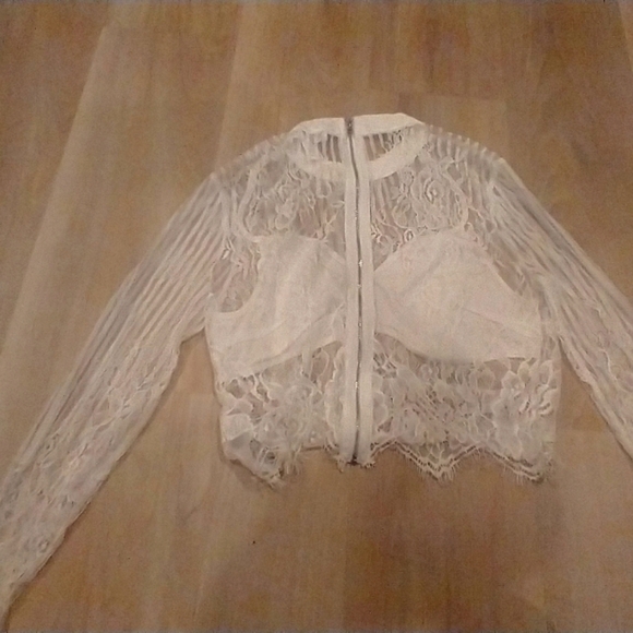 Revamped Tops - Flirty feminine peekaboo short crop lace white‎  top